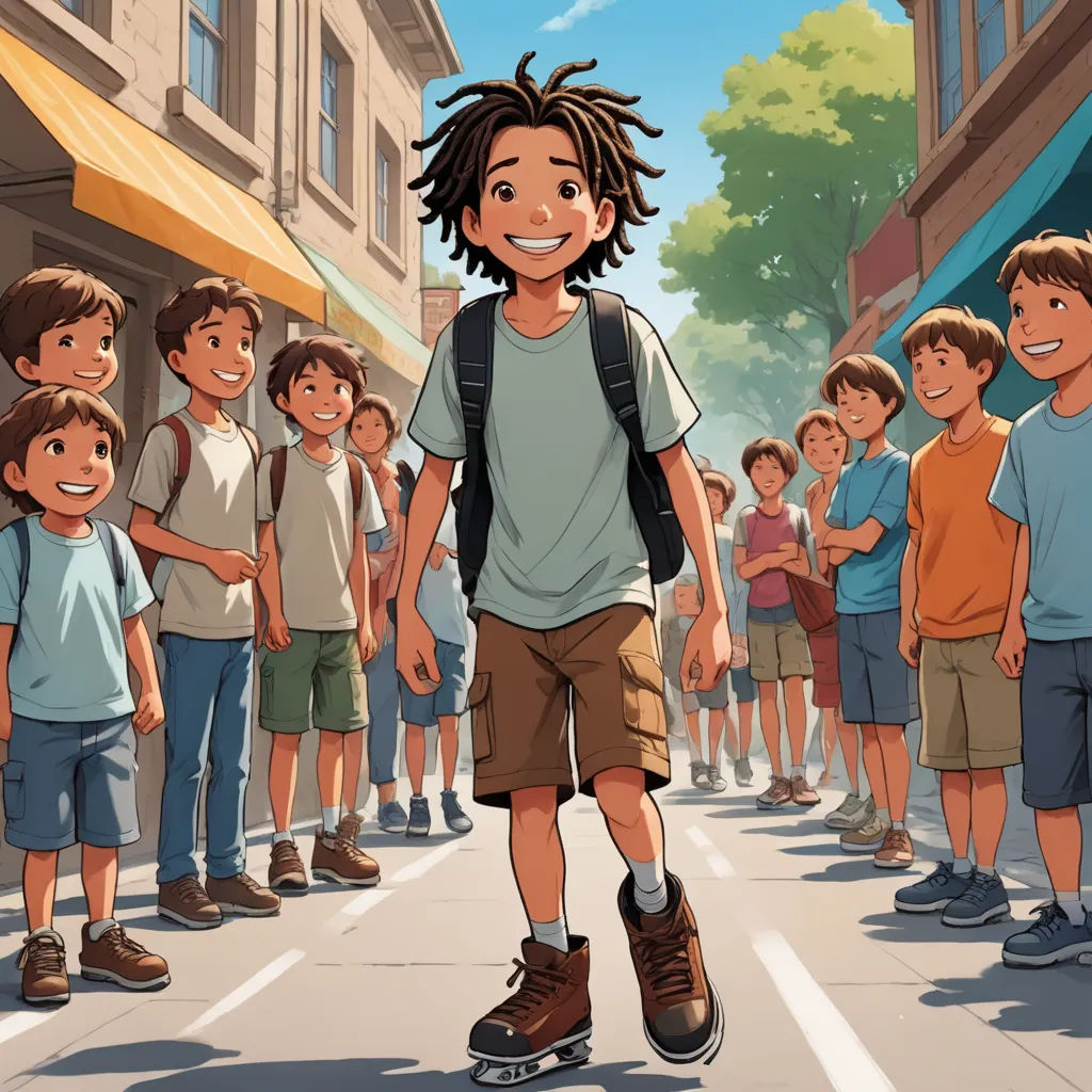 a boy on a skateboard in front of a group of children on a street with buildings and a yellow awning, american scene painting, a storybook illustration, Fabien Charuau, official art
