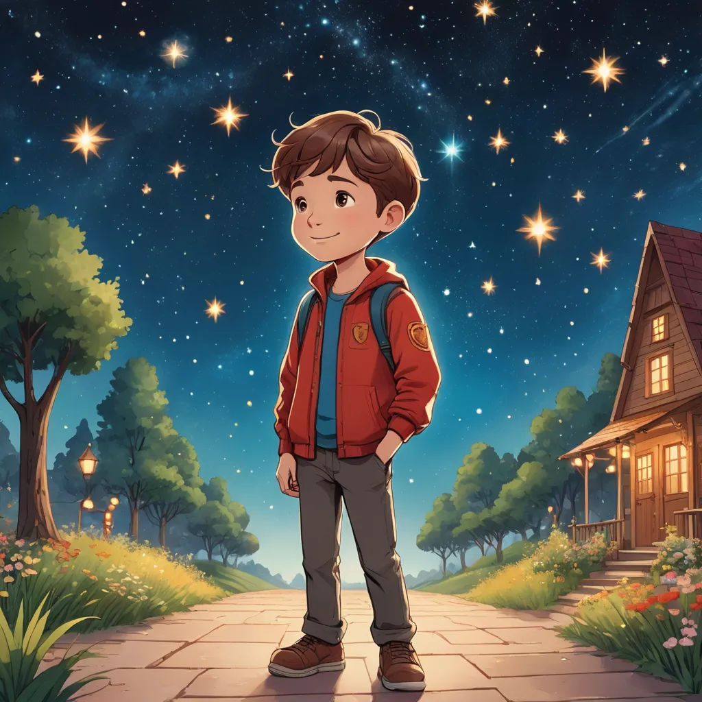 a boy standing in front of a house with stars in the sky above him and a path leading to a house, space art, a storybook illustration, Diego Gisbert Llorens, key art