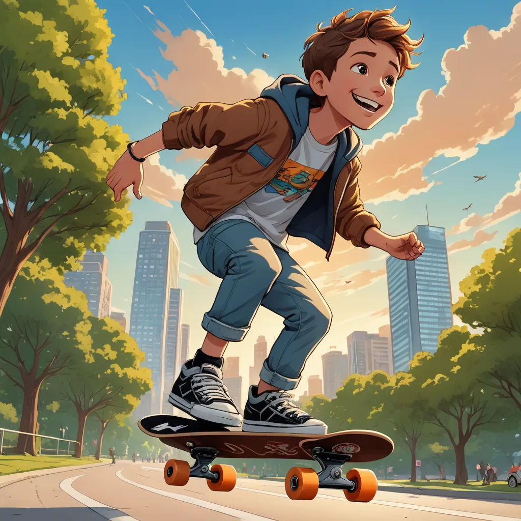 a boy riding a skateboard down a street in a city park with tall buildings in the background and a city park with trees and people, american scene painting, a comic book panel, Chris LaBrooy, rossdraws global illumination