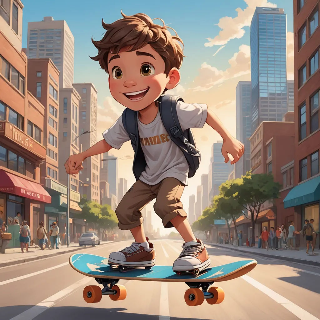 a boy riding a skateboard down a city street with buildings in the background and a sky background with clouds, photorealism, a detailed matte painting, Cliff Childs, rossdraws global illumination