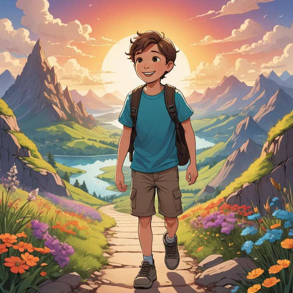 a boy is walking down a path in the mountains with flowers and a lake in the background with a sun setting, sots art, a storybook illustration, Cliff Childs, rossdraws global illumination
