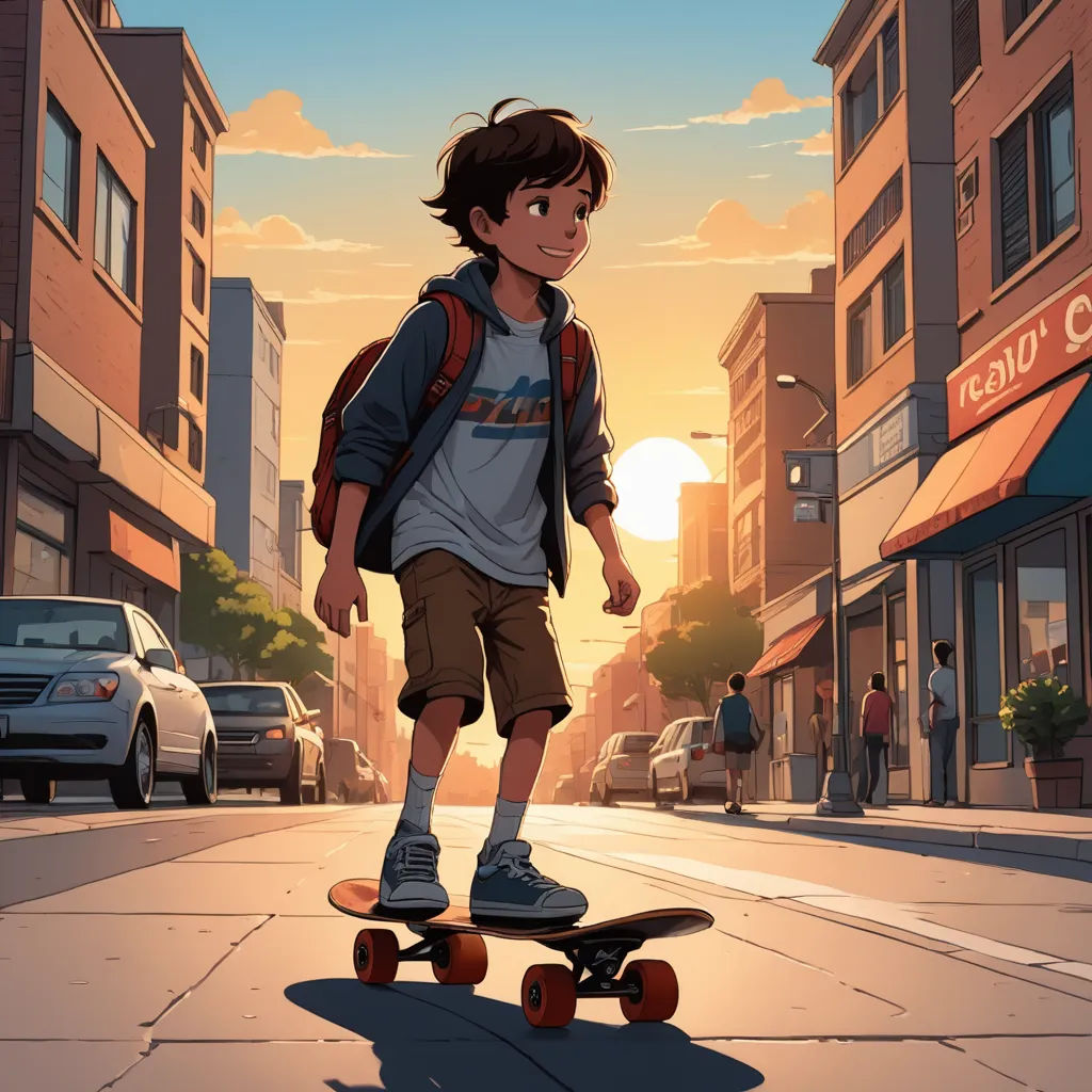a boy riding a skateboard down a street at sunset with a backpack on his back and a backpack on his shoulder, american scene painting, a comic book panel, Cliff Childs, rossdraws global illumination
