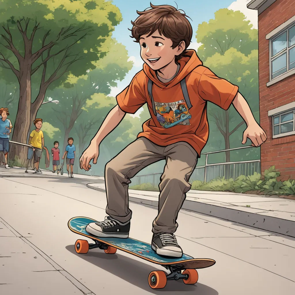 a boy riding a skateboard down a sidewalk in a park with a group of people walking by behind him, american scene painting, a comic book panel, Cliff Childs, graphic novel