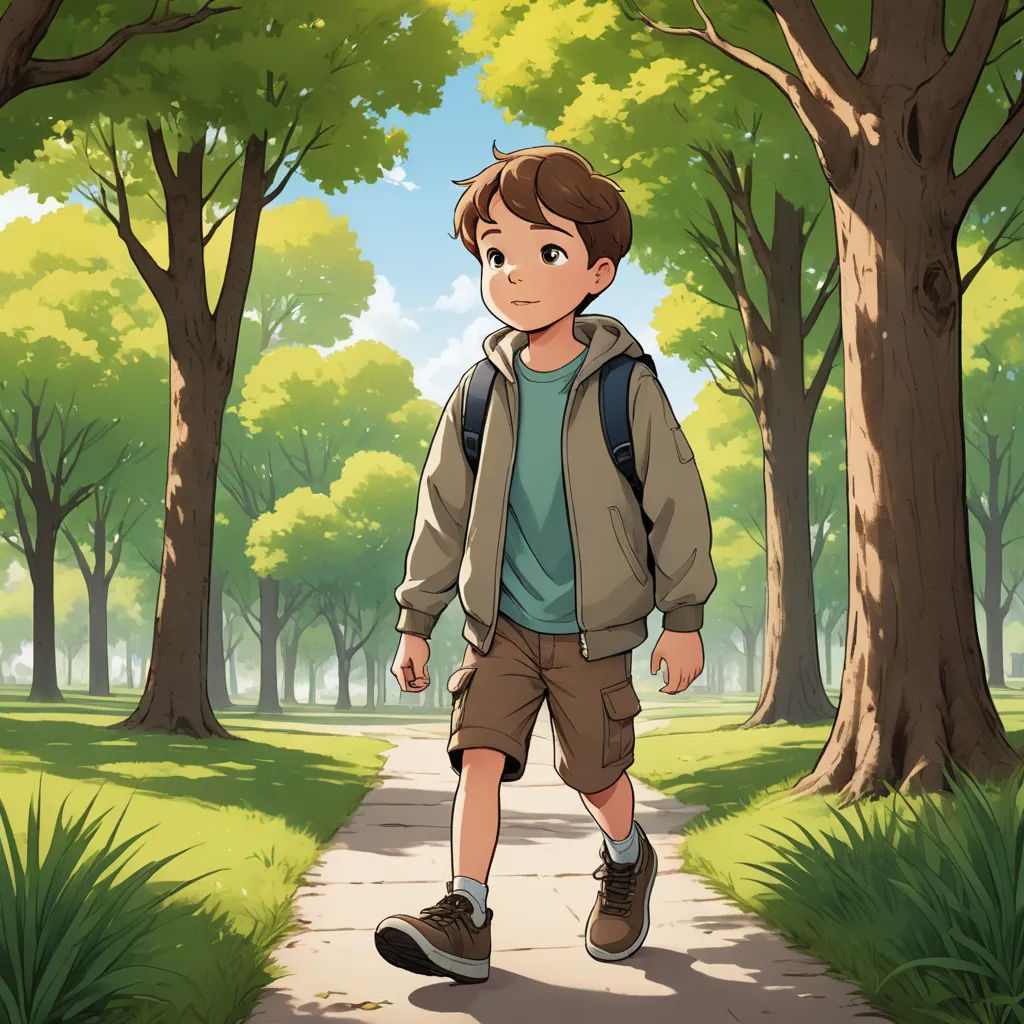 a boy walking down a path in a park with trees and grass on both sides of the path, with a backpack on his back, plein air, a storybook illustration, Aaron Jasinski, official art