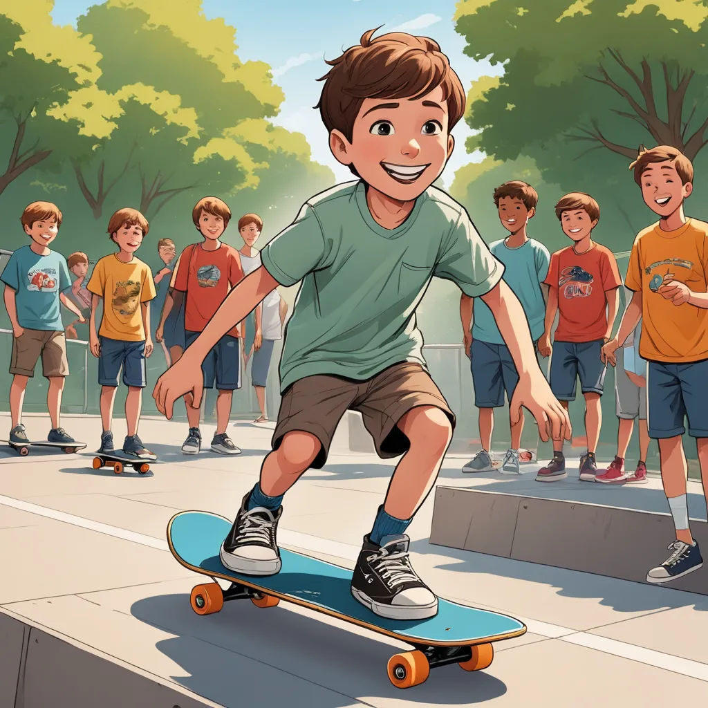 a boy riding a skateboard in front of a group of people on a sidewalk with a skateboard, american scene painting, a storybook illustration, Cliff Childs, storybook illustration