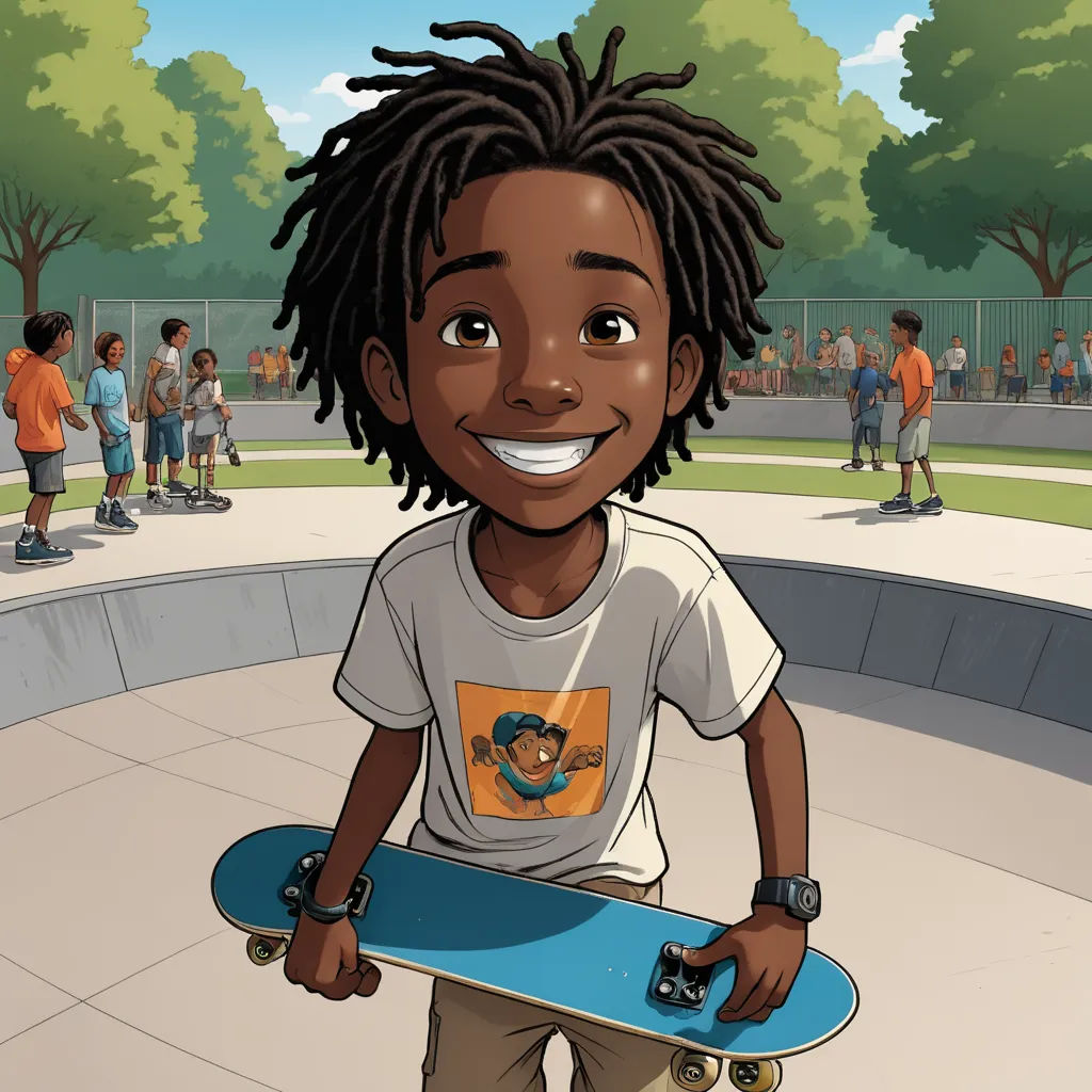 a cartoon boy holding a skateboard in a park with people in the background and a fenced in area, harlem renaissance, a character portrait, Cliff Childs, graphic novel