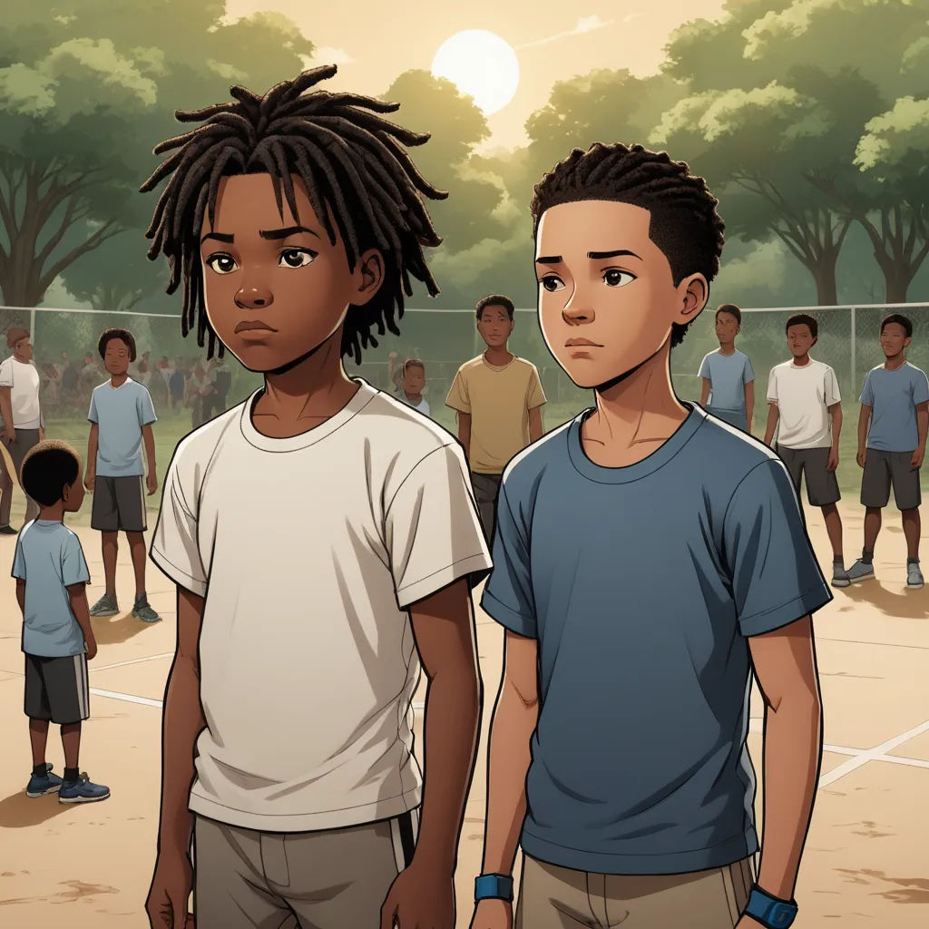 two young men standing next to each other on a tennis court with a crowd of people behind them in the background, harlem renaissance, a comic book panel, Allan Brooks, graphic novel