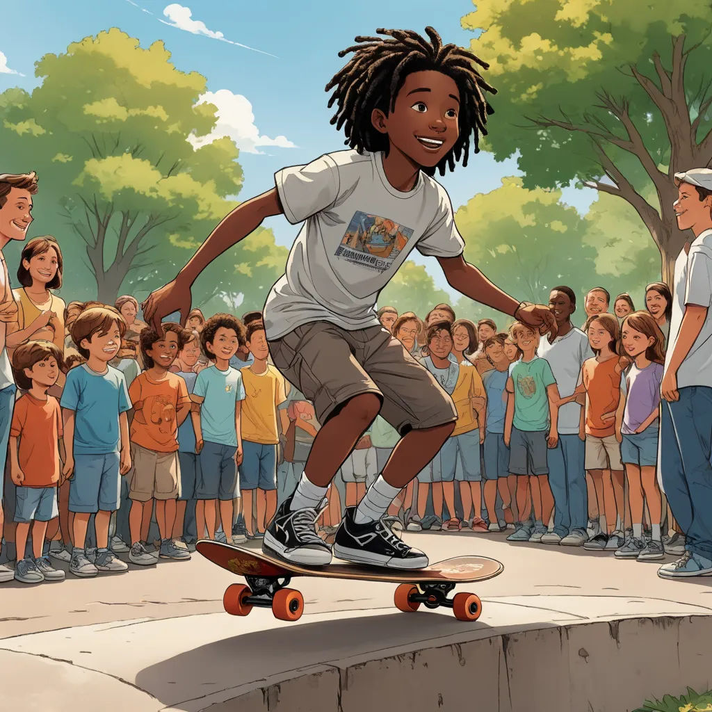 a cartoon of a boy on a skateboard in front of a crowd of people with a skateboard, american scene painting, a storybook illustration, Cedric Seaut (Keos Masons), graphic novel
