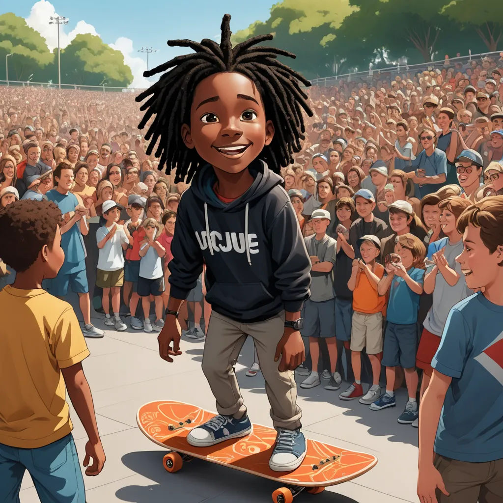 a cartoon of a boy on a skateboard in front of a crowd of people with a skateboard, photorealism, a storybook illustration, Cliff Childs, animated