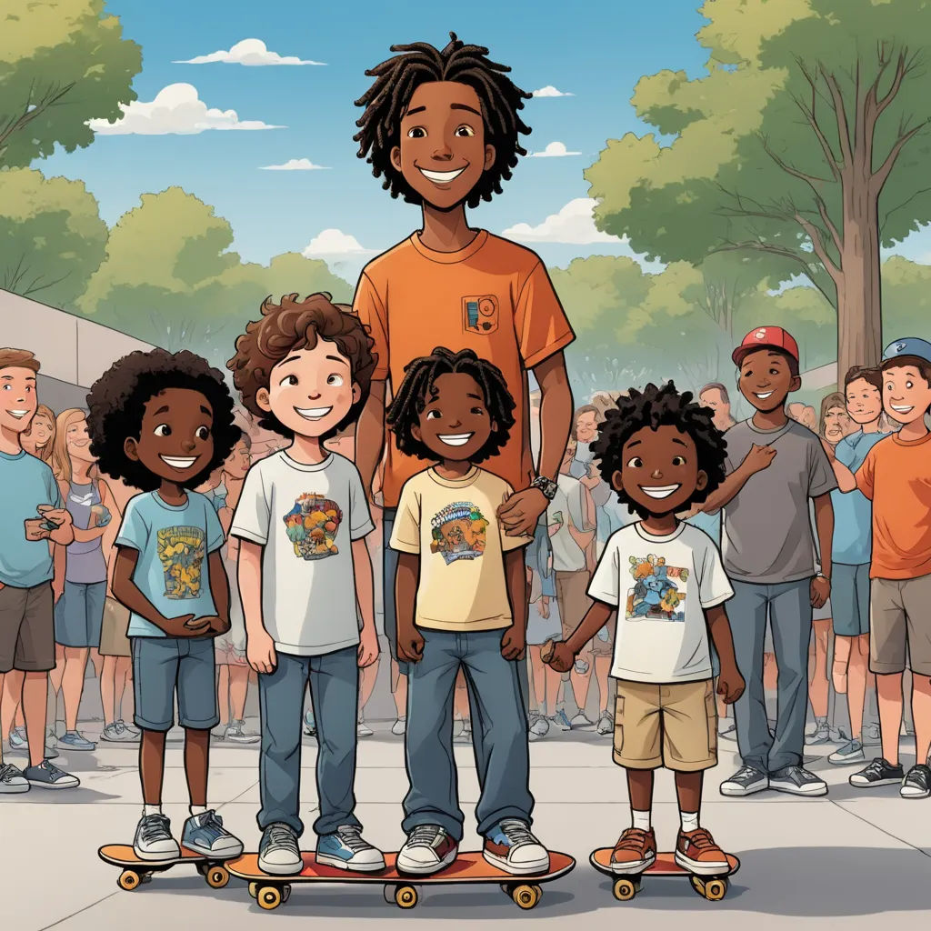 a man standing on a skateboard with a group of kids behind him in front of a crowd of people, underground comix, a storybook illustration, Cliff Childs, graphic novel