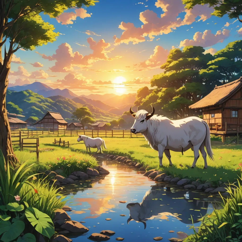a painting of a cow and her calf in a field by a stream at sunset with a mountain range in the background, american scene painting, a detailed matte painting, Chris LaBrooy, anime art