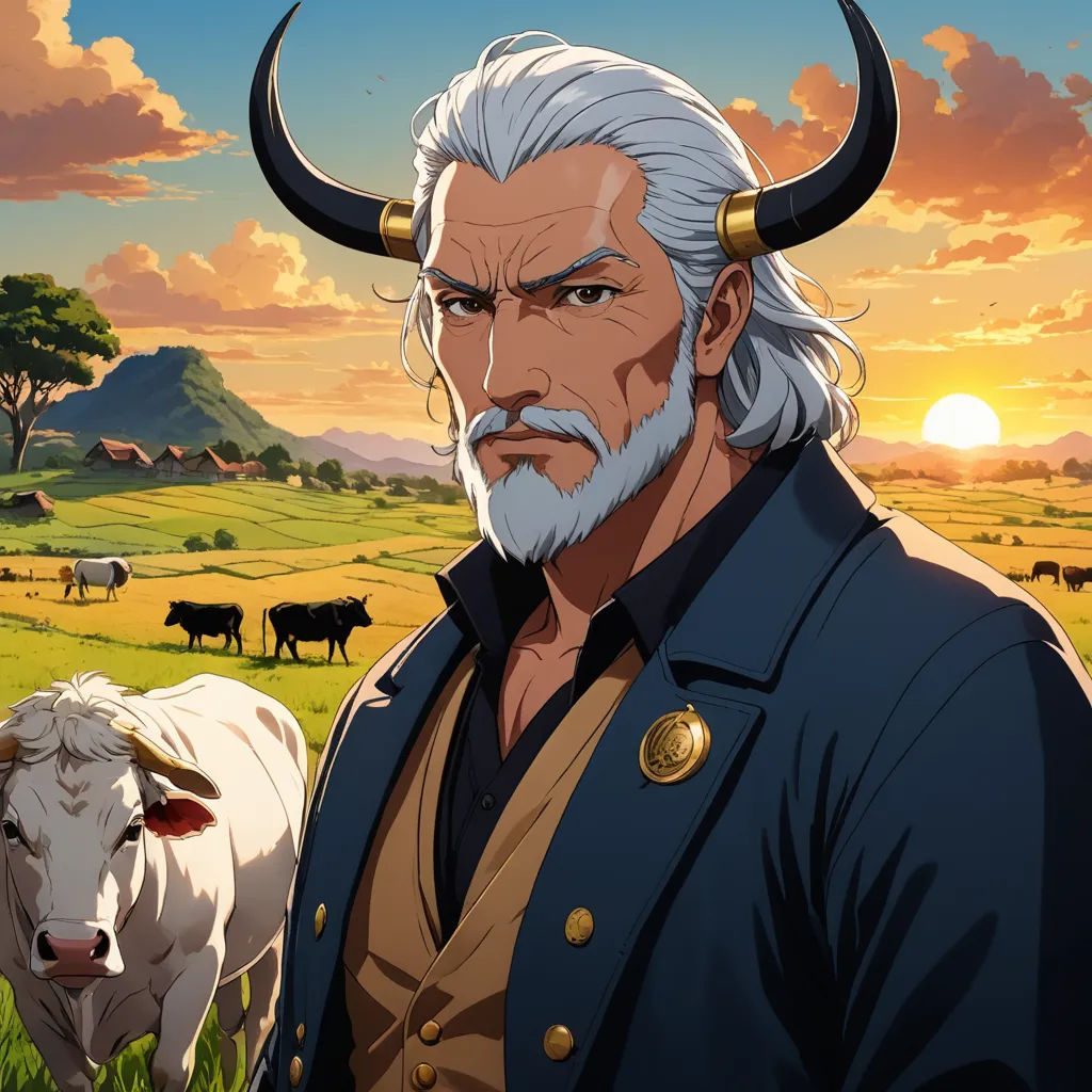 a man with a beard and a goat in a field with a sunset behind him and a sky with clouds, rayonism, a character portrait, Clovis Trouille, official art