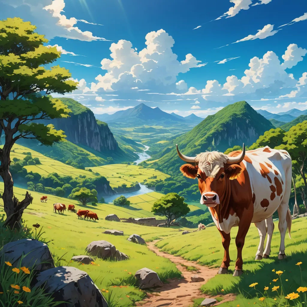 a painting of a cow standing in a field with mountains in the background and a river running through it, american scene painting, a detailed matte painting, Chris LaBrooy, cinematic matte painting