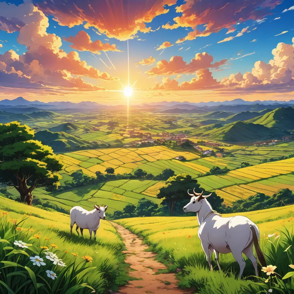 two cows standing on a lush green hillside under a sunset sky with clouds and sun shining over a valley, rayonism, a matte painting, Chris LaBrooy, anime key visual