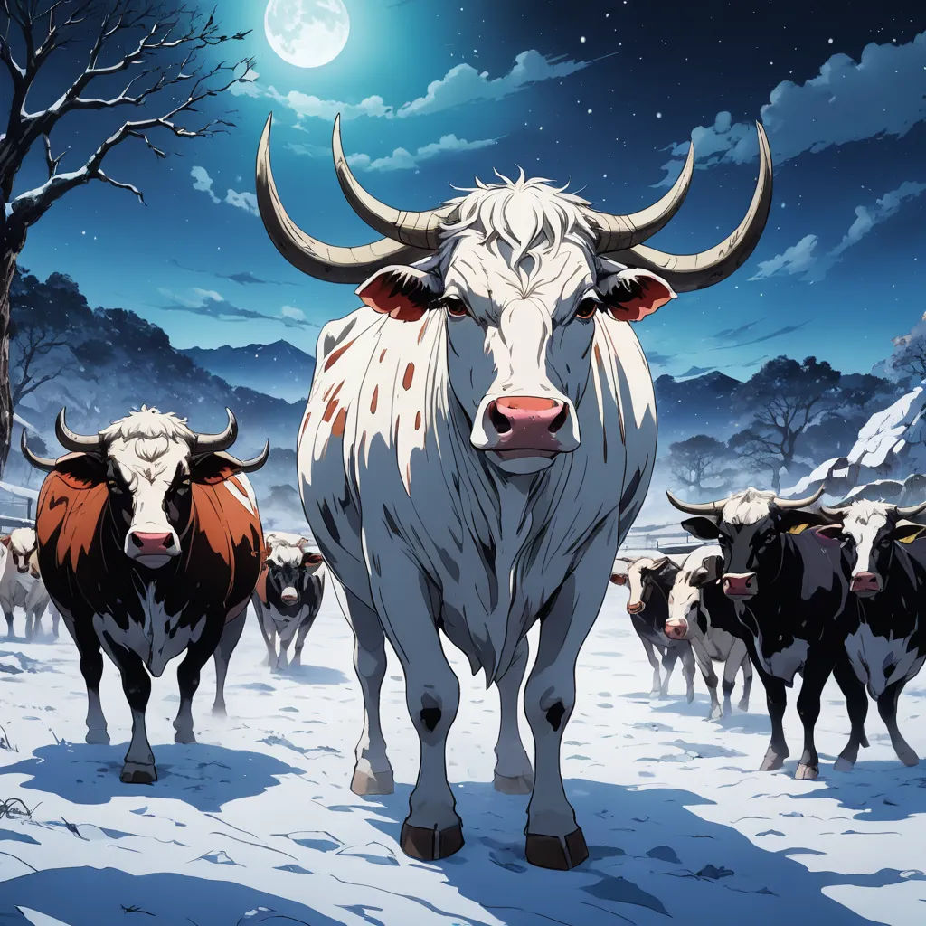a herd of cattle standing on top of a snow covered field under a full moon sky with trees and snow covered ground, lyco art, poster art, Dan Mumford, promotional image