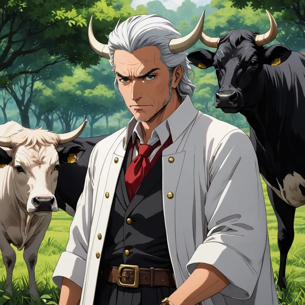 a man standing in front of two cows in a field with trees in the background and a man in a suit with a red tie, rayonism, an album cover, Eizan Kikukawa, official art