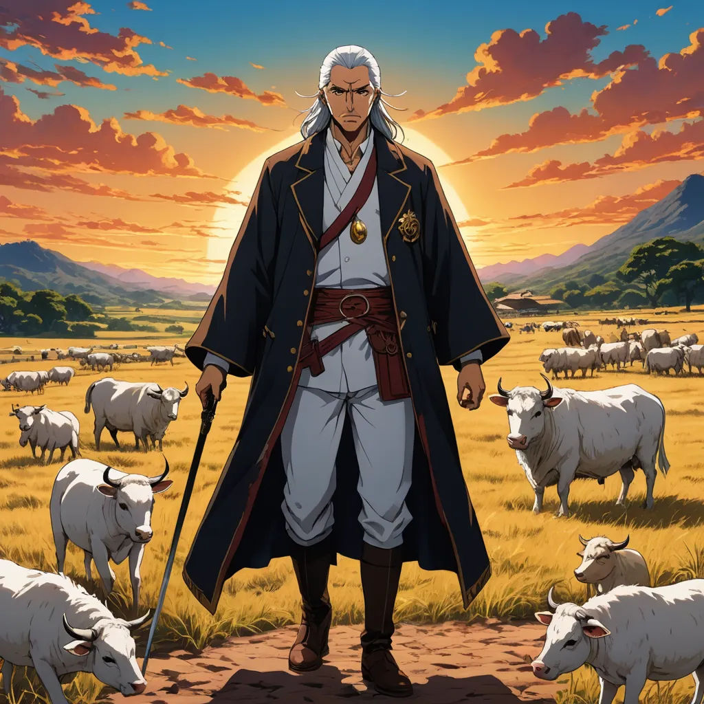 a man in a field with a sword and a herd of sheep behind him, with a sunset in the background, rayonism, a character portrait, Ayami Kojima, official art