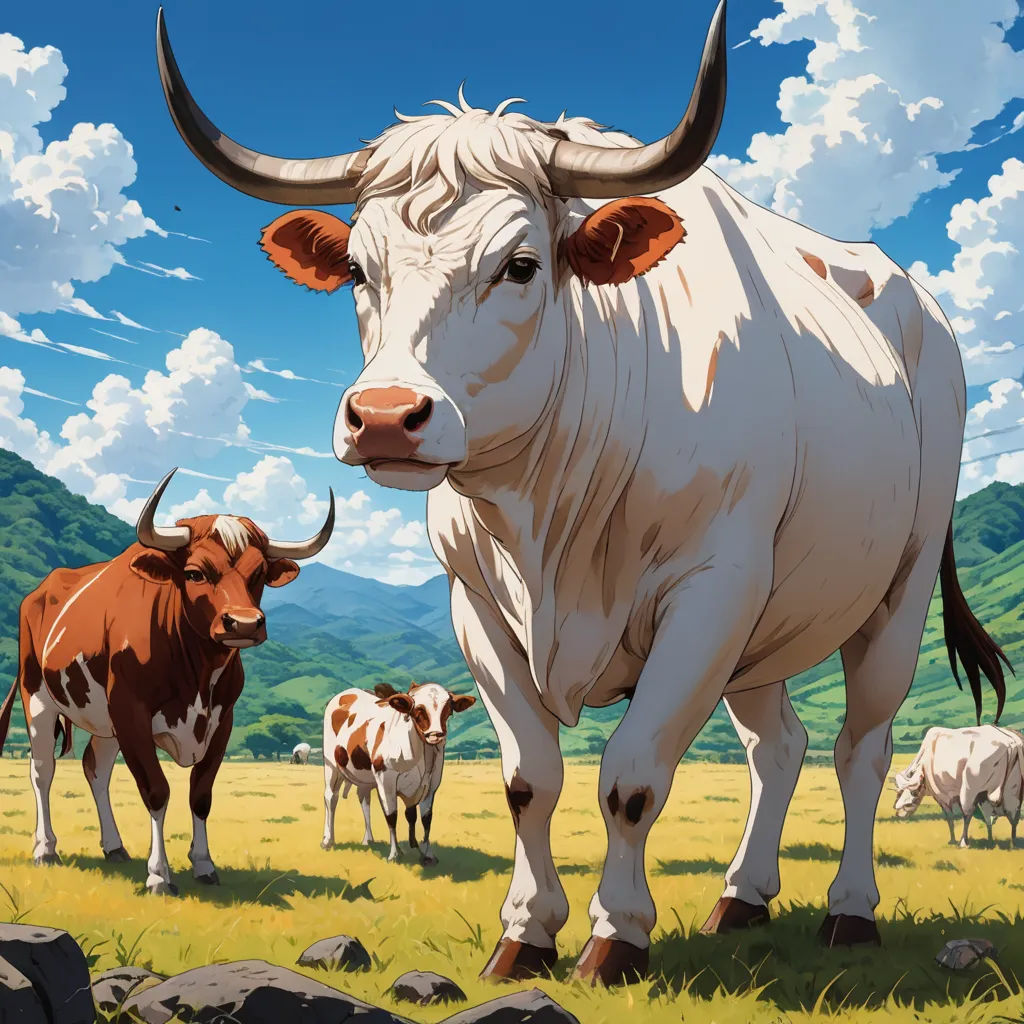 a painting of a cow and a bull in a field with mountains in the background and clouds in the sky, serial art, computer graphics, Beeple, official art