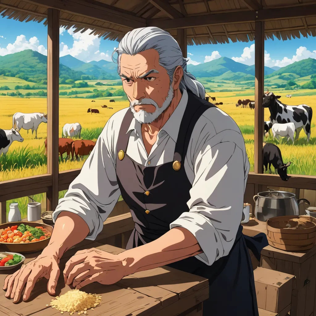 a man sitting at a table with a bowl of food in front of him and cows in the background, dau-al-set, computer graphics, Eizan Kikukawa, official art