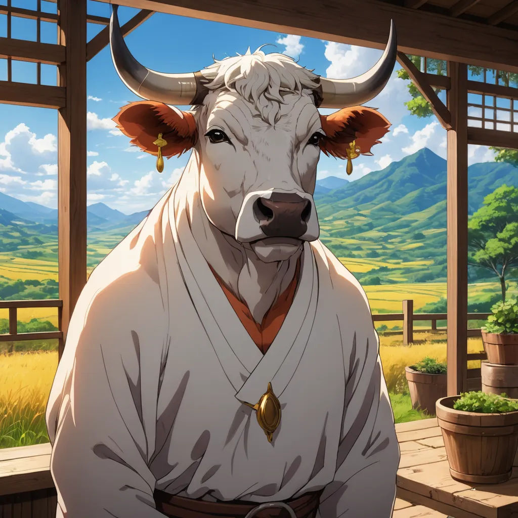 a cow with horns standing in front of a window with a mountain in the background and a potted plant, remodernism, a character portrait, Baiōken Eishun, official art