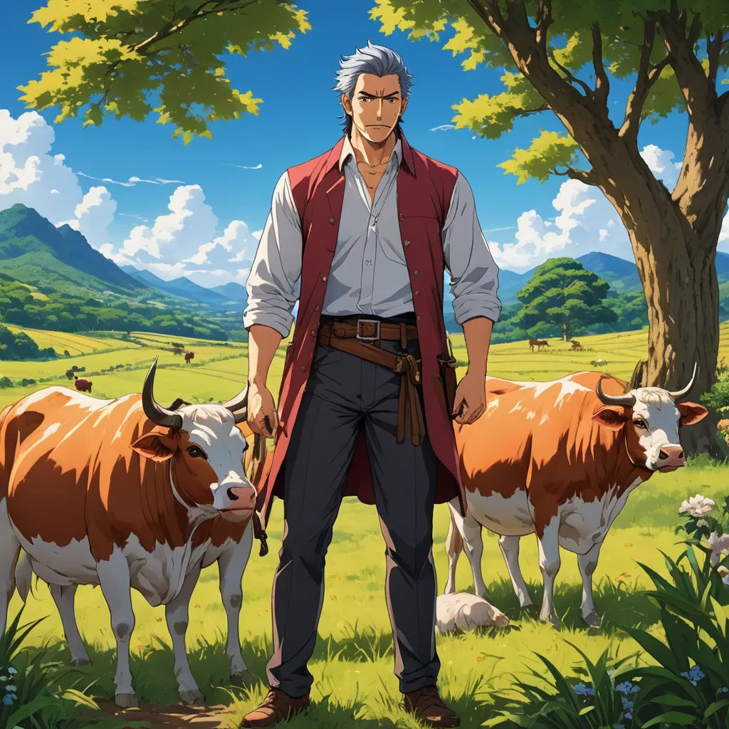 a man standing in front of a herd of cows in a field with trees and mountains in the background, rayonism, an album cover, Bedwyr Williams, official art