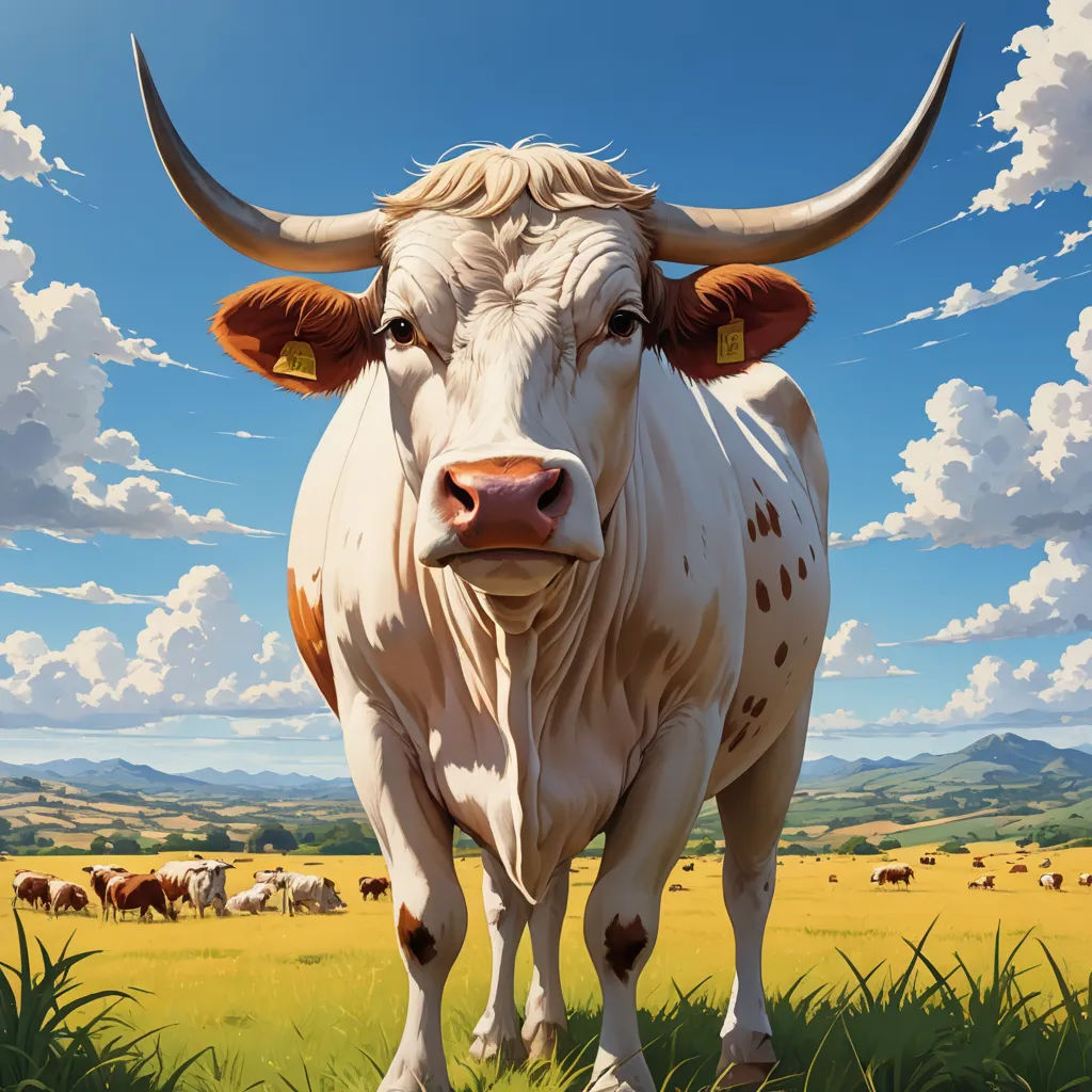 a painting of a bull with horns standing in a field of grass with a sky background and clouds in the sky, american scene painting, an airbrush painting, Chris LaBrooy, highly detailed digital painting