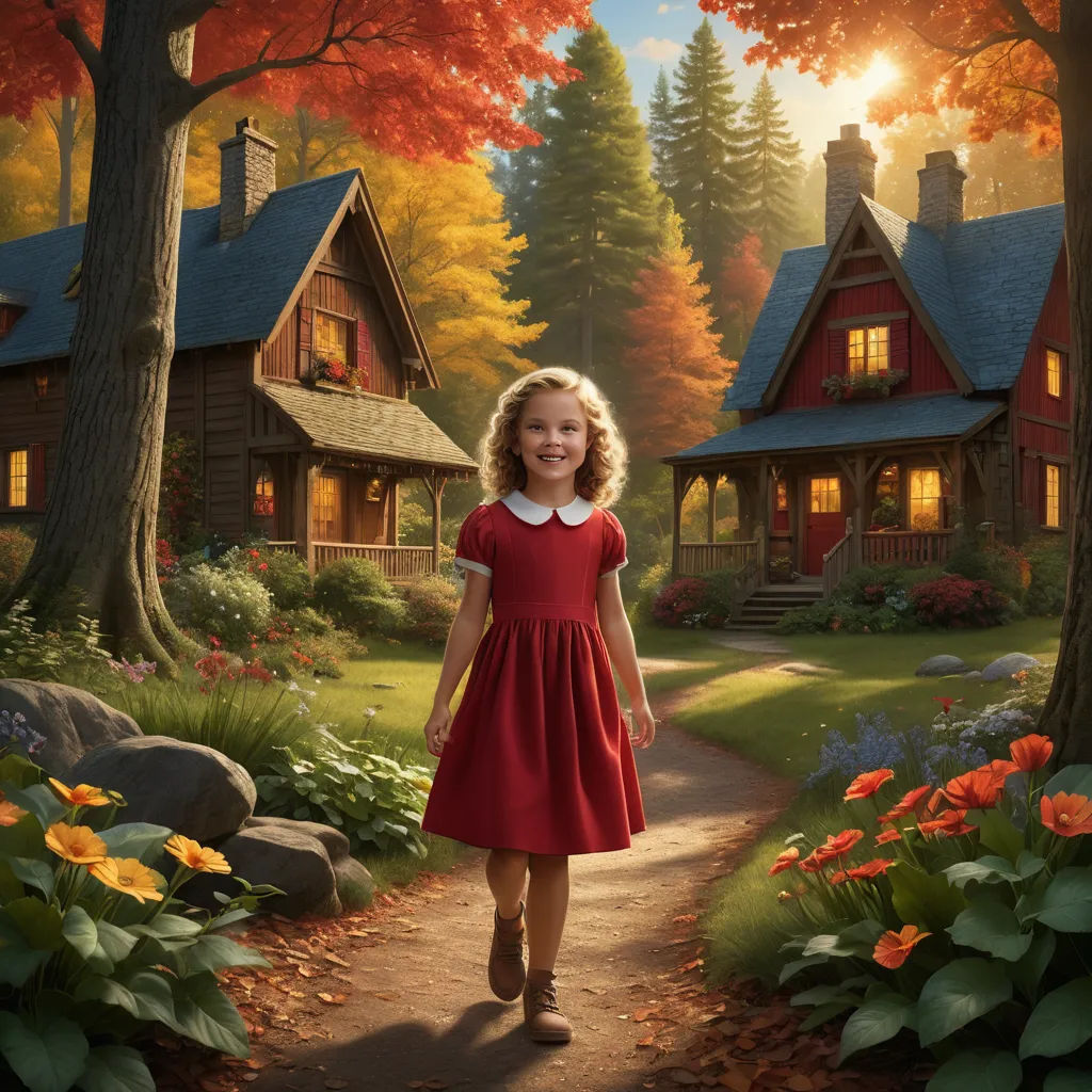 a little girl in a red dress walking down a path in front of a house with a red tree, american scene painting, a detailed matte painting, Bob Byerley, promotional image