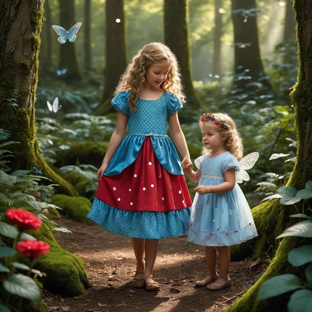 two little girls dressed in fairy costumes walking through a forest with butterflies flying overhead and a butterfly in the air, magic realism, a storybook illustration, Elinor Proby Adams, fantasy magic