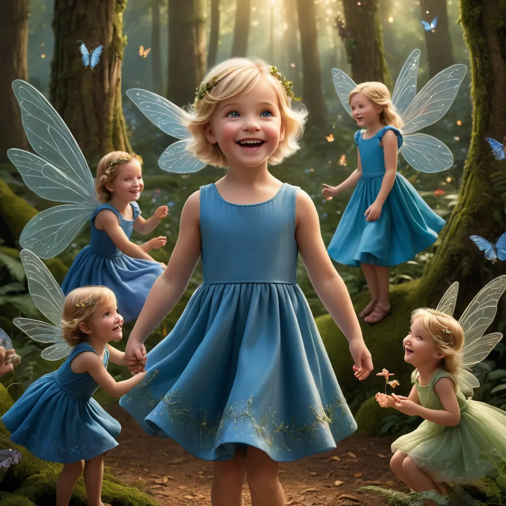 a group of little girls dressed in blue dresses standing in a forest with butterflies on their wings and smiling, magic realism, a storybook illustration, Cliff Childs, highly detailed digital painting