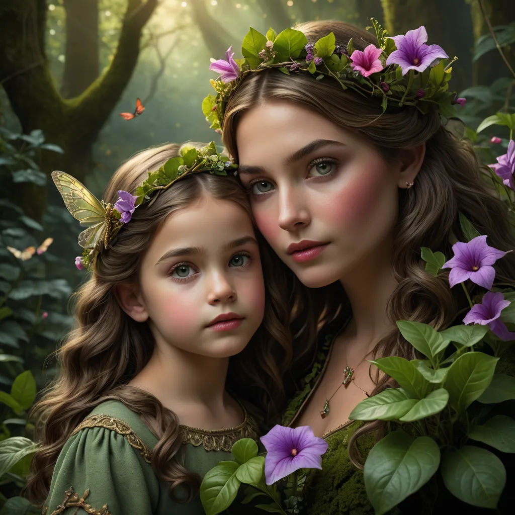 two young girls are standing in the woods with flowers in their hair and one is wearing a wreath of leaves, fantasy art, a photorealistic painting, Daniel Lieske, highly detailed digital painting