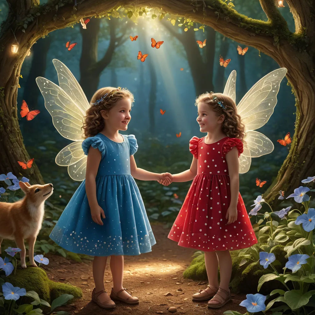 two little girls are holding hands in a forest with a dog and butterflies in the background, and a dog is looking at the girl, magic realism, a storybook illustration, Bob Byerley, highly detailed digital painting