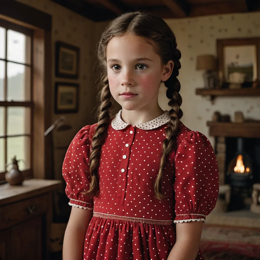 a little girl in a red dress standing in a room with a fireplace and a window in the background, arts and crafts movement, a cross stitch, Annabel Kidston, promotional image