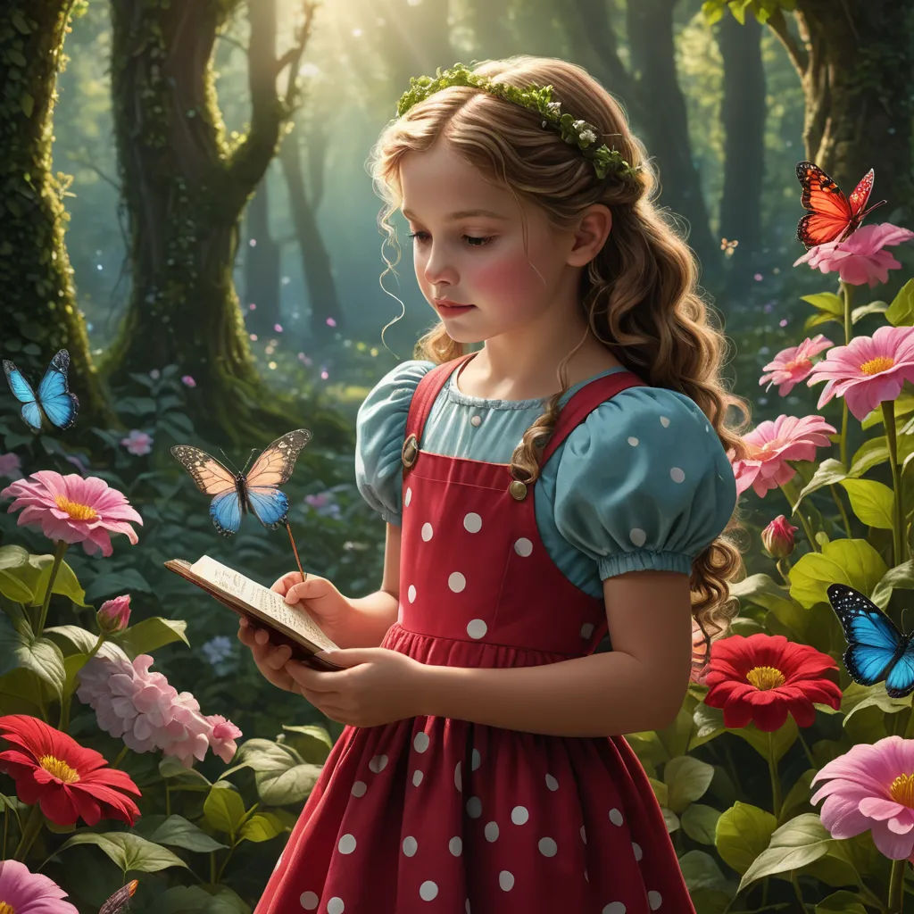 a little girl in a red dress is reading a book in a forest with butterflies on her head and a butterfly in her hair, fantasy art, a storybook illustration, Bob Byerley, highly detailed digital painting