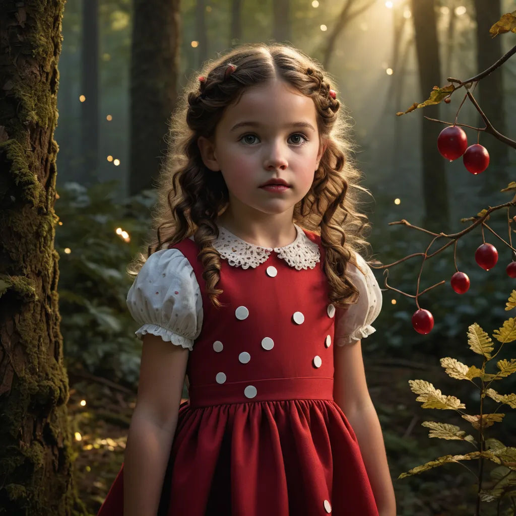 a little girl in a red dress standing in the woods with a sunbeam behind her and a tree with berries on it, magical realism, a storybook illustration, Artur Tarnowski, cinematic photography