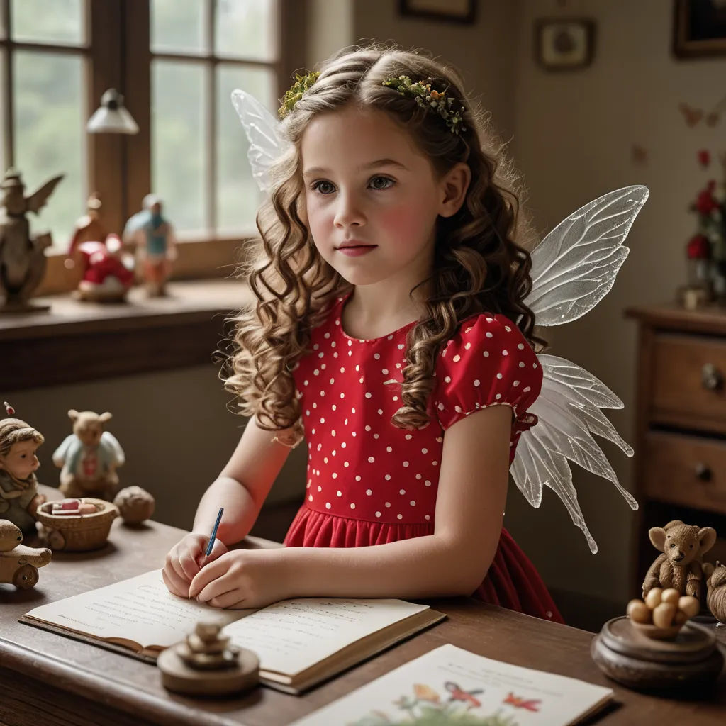 a little girl sitting at a desk with a book and a pen in her hand and a fairy figurine, magic realism, a storybook illustration, Elinor Proby Adams, storybook illustration