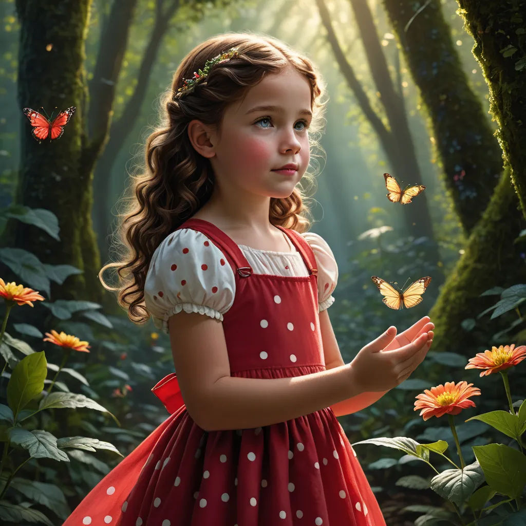 a painting of a little girl in a red dress with a butterfly in her hand and a forest of flowers, magical realism, a photorealistic painting, Alice Prin, highly detailed digital painting