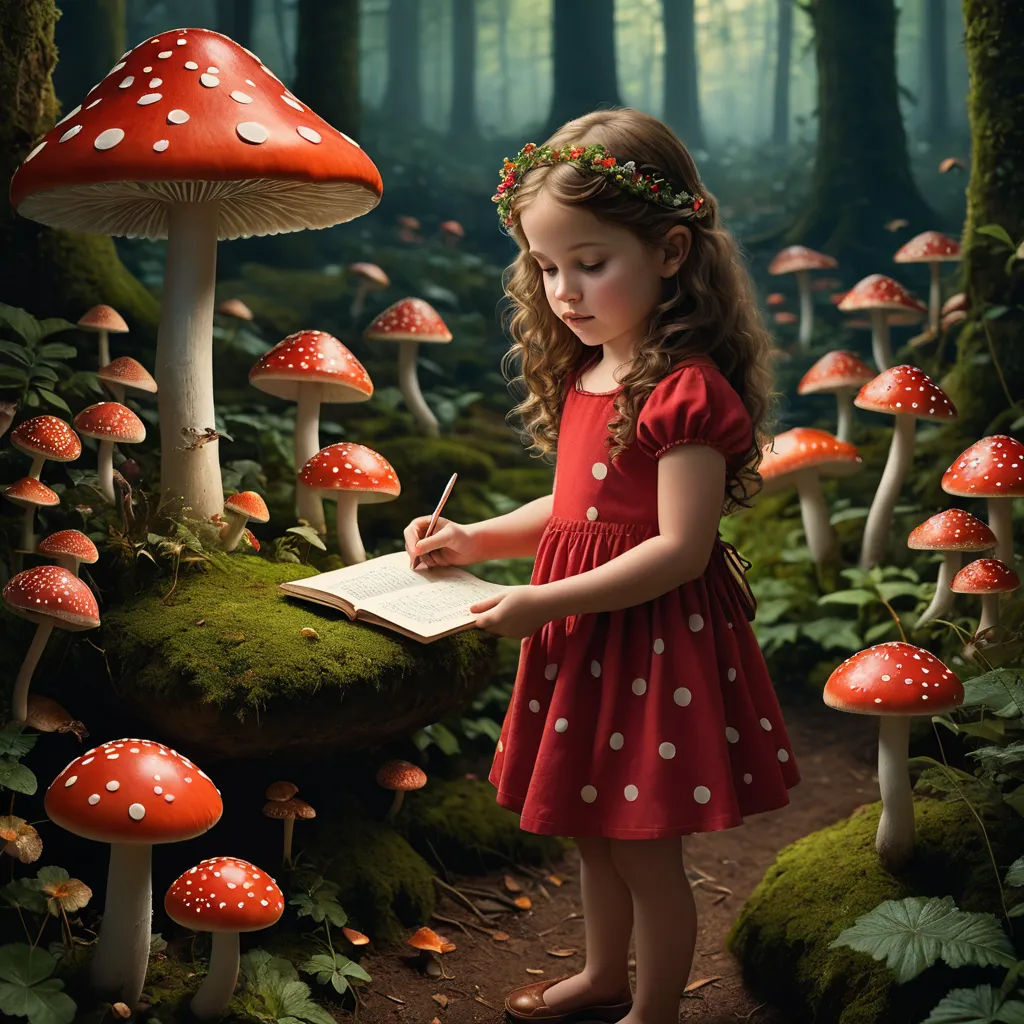 a little girl writing in a book in a forest with mushrooms and trees in the background, with a notebook in her hand, magic realism, a storybook illustration, Alice Prin, storybook illustration