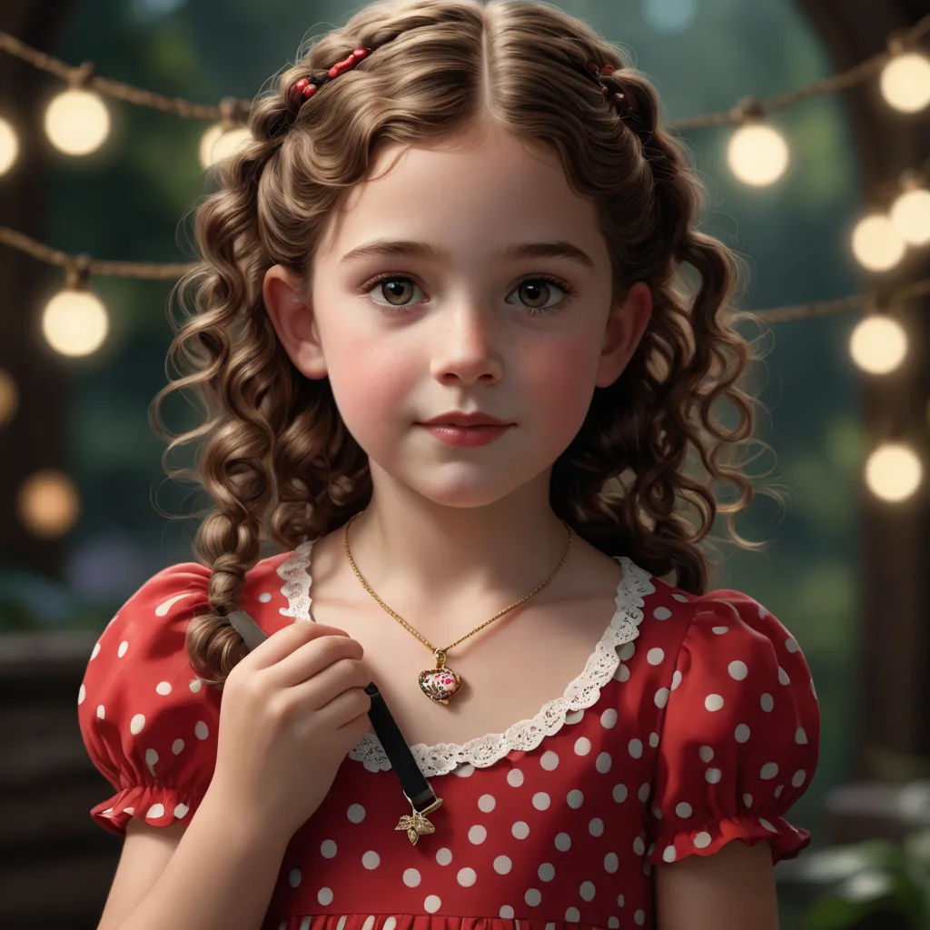 a painting of a little girl with a pen in her hand and lights in the background behind her,, photorealism, a photorealistic painting, Brad Kunkle, highly detailed digital painting