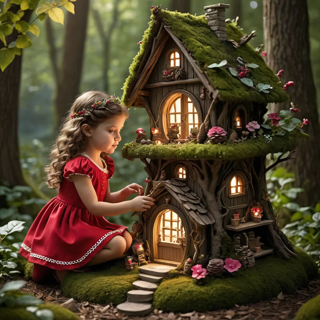 a little girl in a red dress is playing with a doll house in the woods with moss and flowers, magical realism, a storybook illustration, Alexander Jansson, storybook illustration