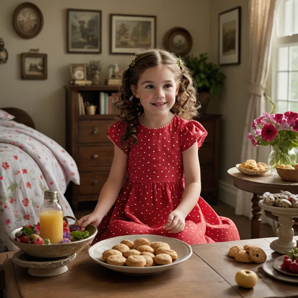 a little girl sitting at a table with a plate of food and a bowl of fruit on the table, american impressionism, a storybook illustration, Bob Byerley, professional food photography
