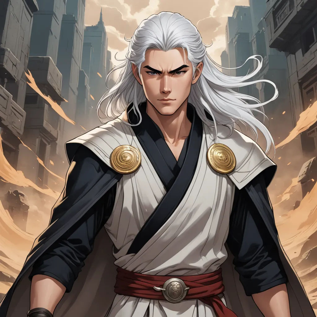 a man with white hair and a white beard wearing a white and black outfit and holding a sword in his hand, dau-al-set, a character portrait, Dai Jin, official art