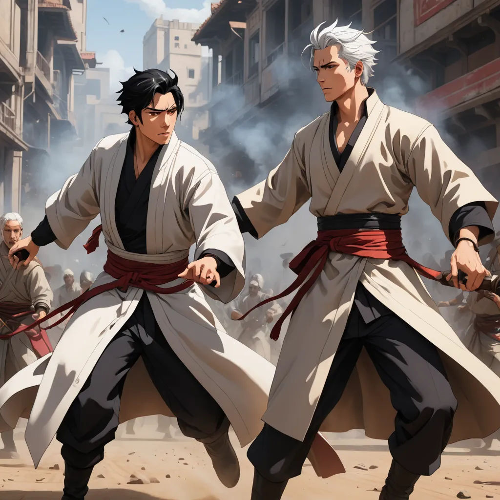 two men in kimonos are fighting in a city street with smoke pouring out of the buildings behind them, serial art, concept art, Baiōken Eishun, official art