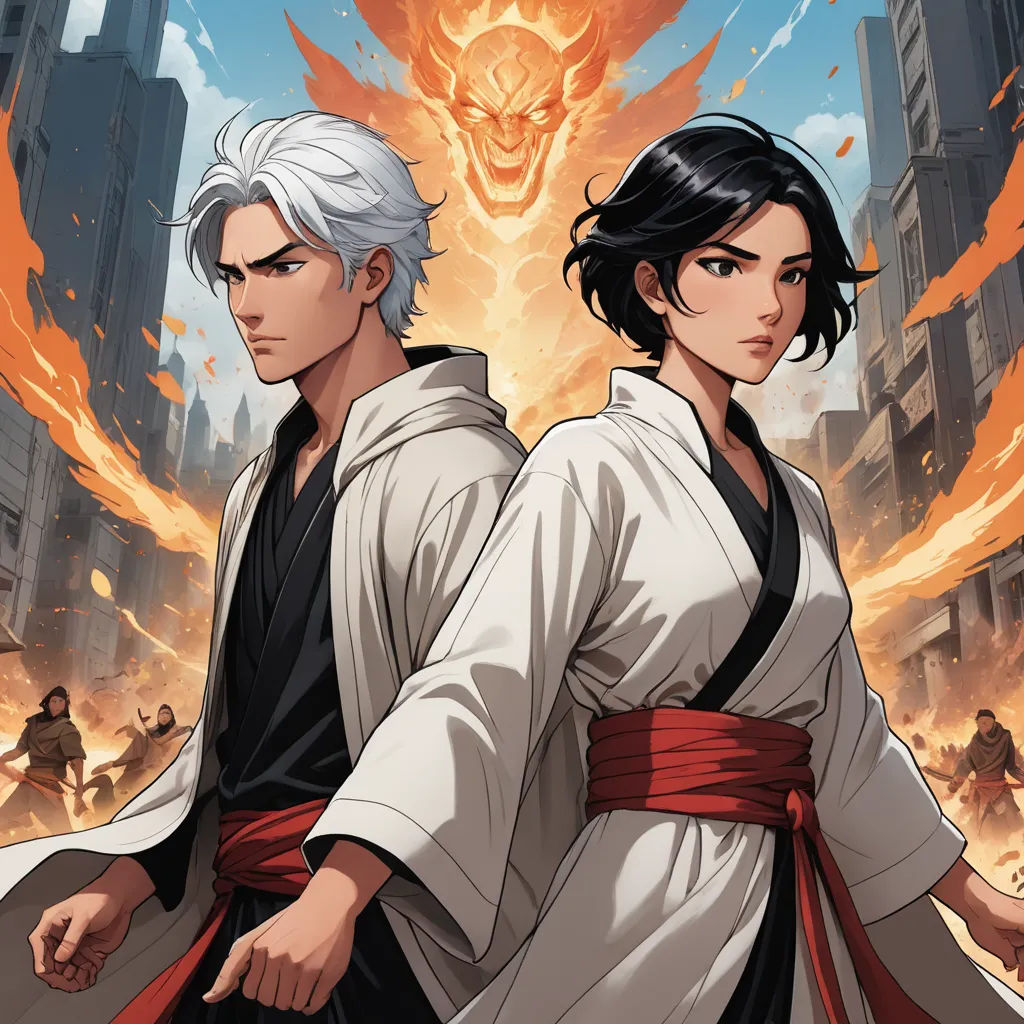 two anime characters standing next to each other in front of a city skyline with flames coming from the sky, lyco art, poster art, Baiōken Eishun, comic cover art