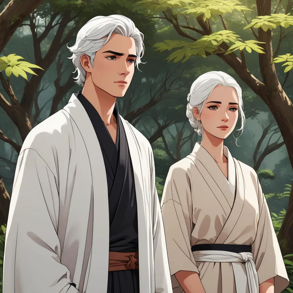 a man and a woman standing next to each other in front of trees and bushes with leaves on them, sots art, concept art, Anne Said, official art