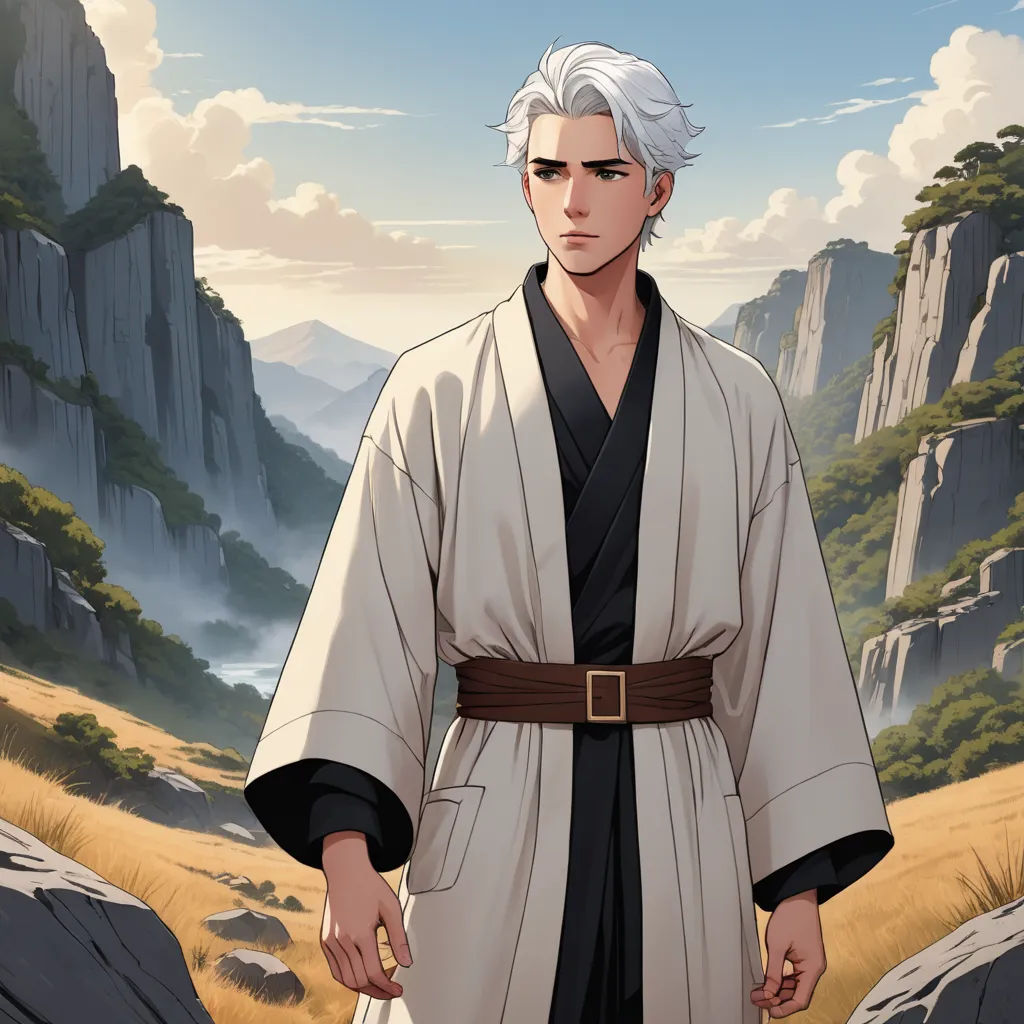 a man in a kimono standing in front of a mountain landscape with a rock formation in the background, aestheticism, a character portrait, Du Jin, official art