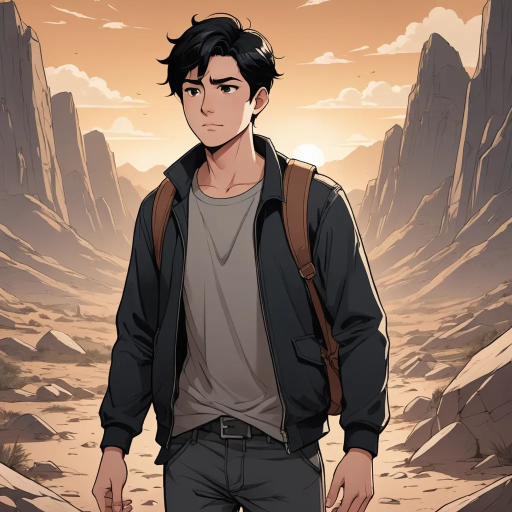 a man with a backpack standing in a desert area with mountains in the background and a sunset in the sky, serial art, a character portrait, Cedric Seaut (Keos Masons), official art