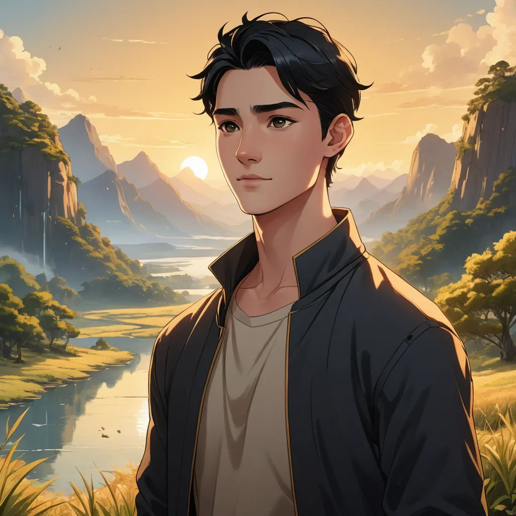 a man standing in front of a river with mountains in the background and a sunset behind him, with a river running through the middle of the picture, sots art, a character portrait, Cedric Seaut (Keos Masons), kinkade