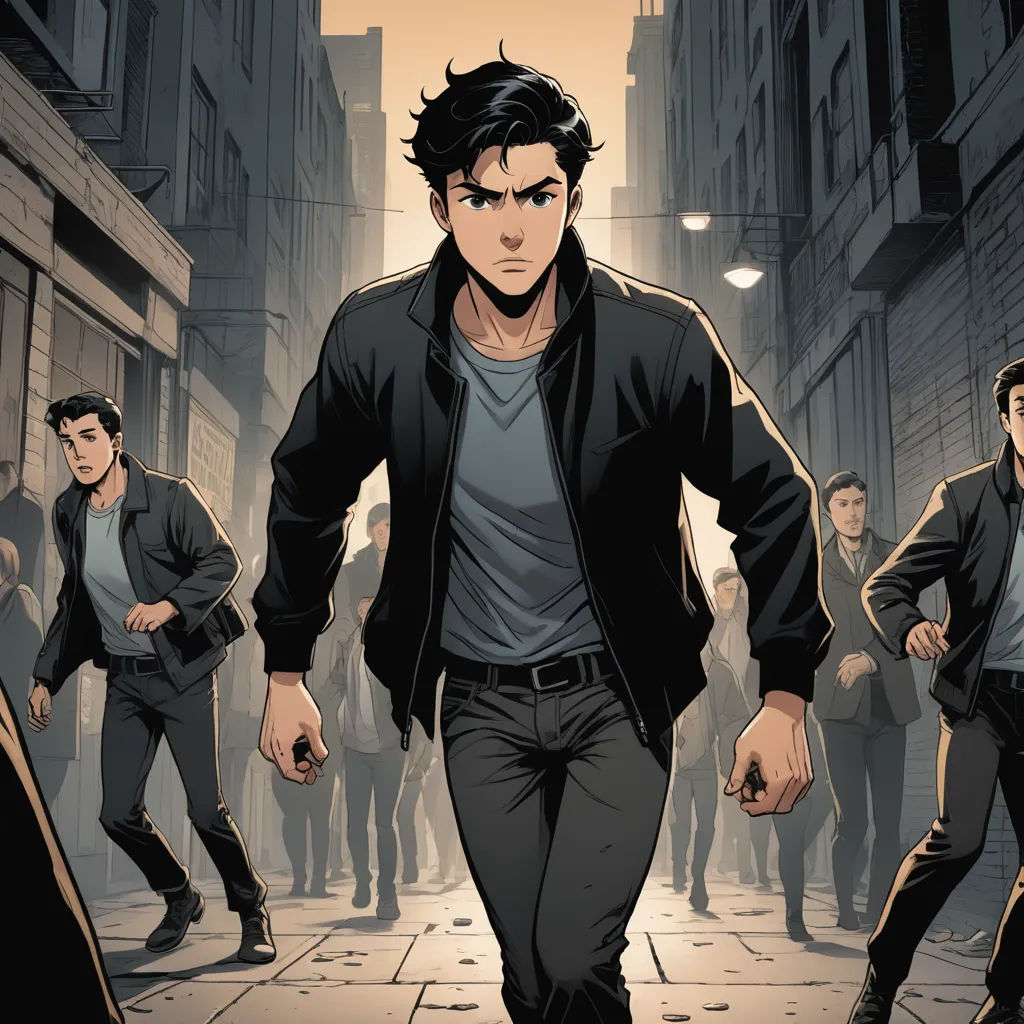 a man walking down a street next to a crowd of people in a city at night time with a man in a black jacket, private press, a comic book panel, David Park, graphic novel
