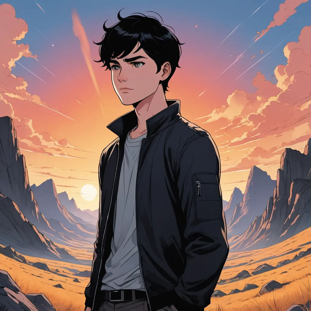 a man standing in front of a sunset with a sky background and mountains in the background, with a man in a black jacket and a gray shirt, serial art, a character portrait, Cedric Seaut (Keos Masons), official art