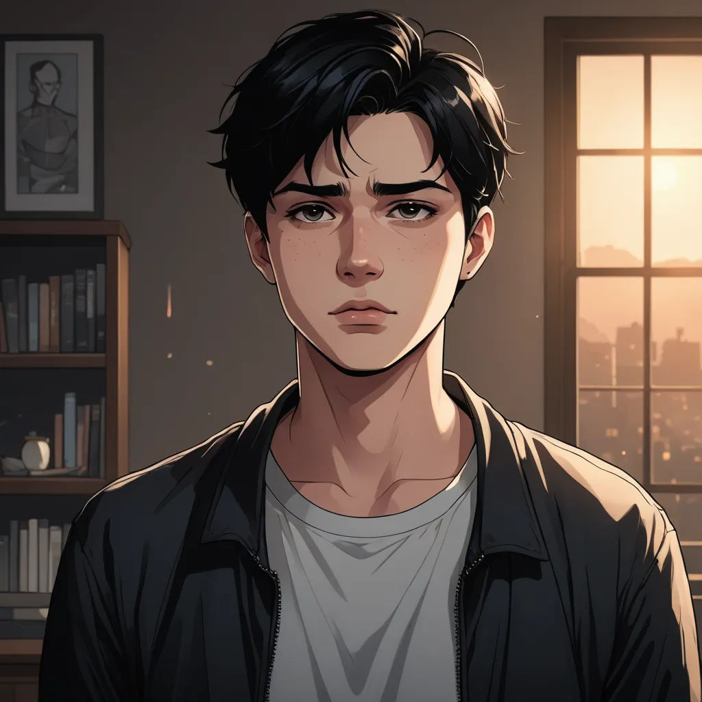 a man in a black jacket standing in front of a window with a cityscape in the background, sots art, a character portrait, David Park, kinkade
